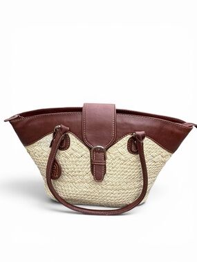 Aigner Straw Tote Bag Woven Shoulder Purse Brown Trim Summer Beach